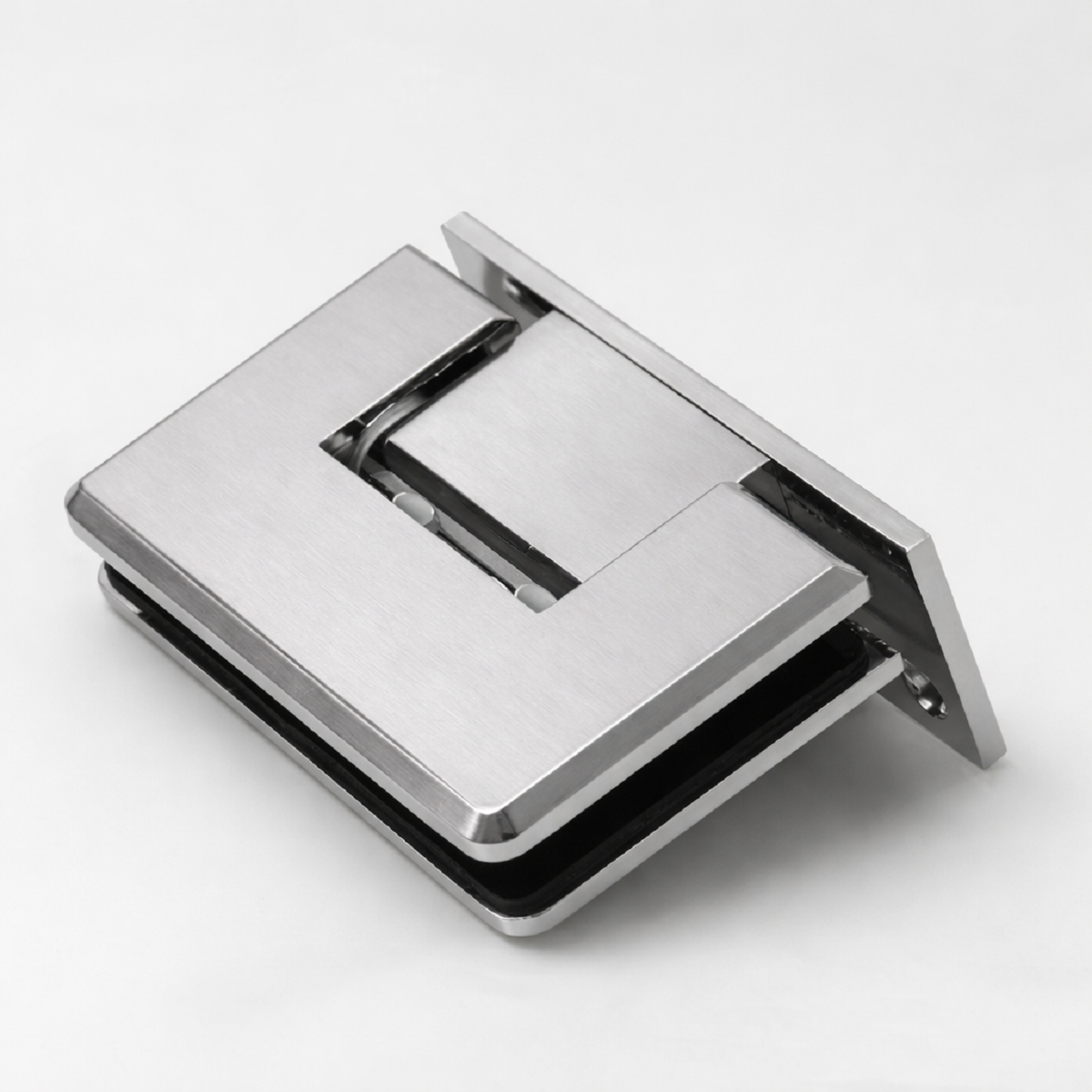 Bevelled 90 degree glass to wall shower hinge in a satin chrome finish